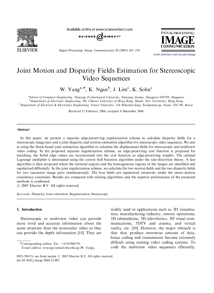 Joint Motion and Disparity Fields Estimation for Stereoscopic Video Sequences