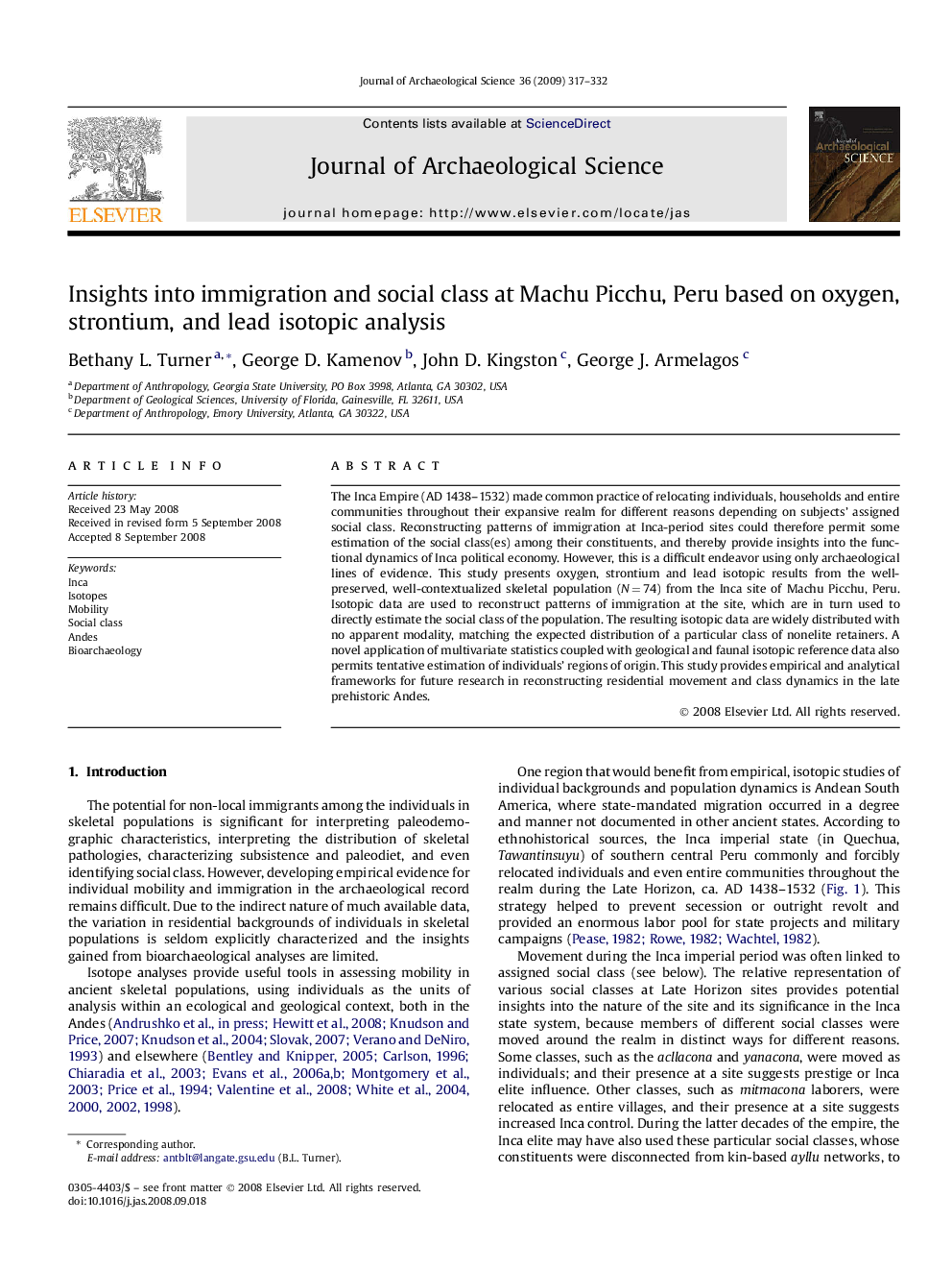 عکس صفحه اول مقاله: Insights into immigration and social class at Machu Picchu, Peru based on oxygen, strontium, and lead isotopic analysis Insights into immigration and social class at Machu Picchu, Peru based on oxygen, strontium, and lead isotopic analysis