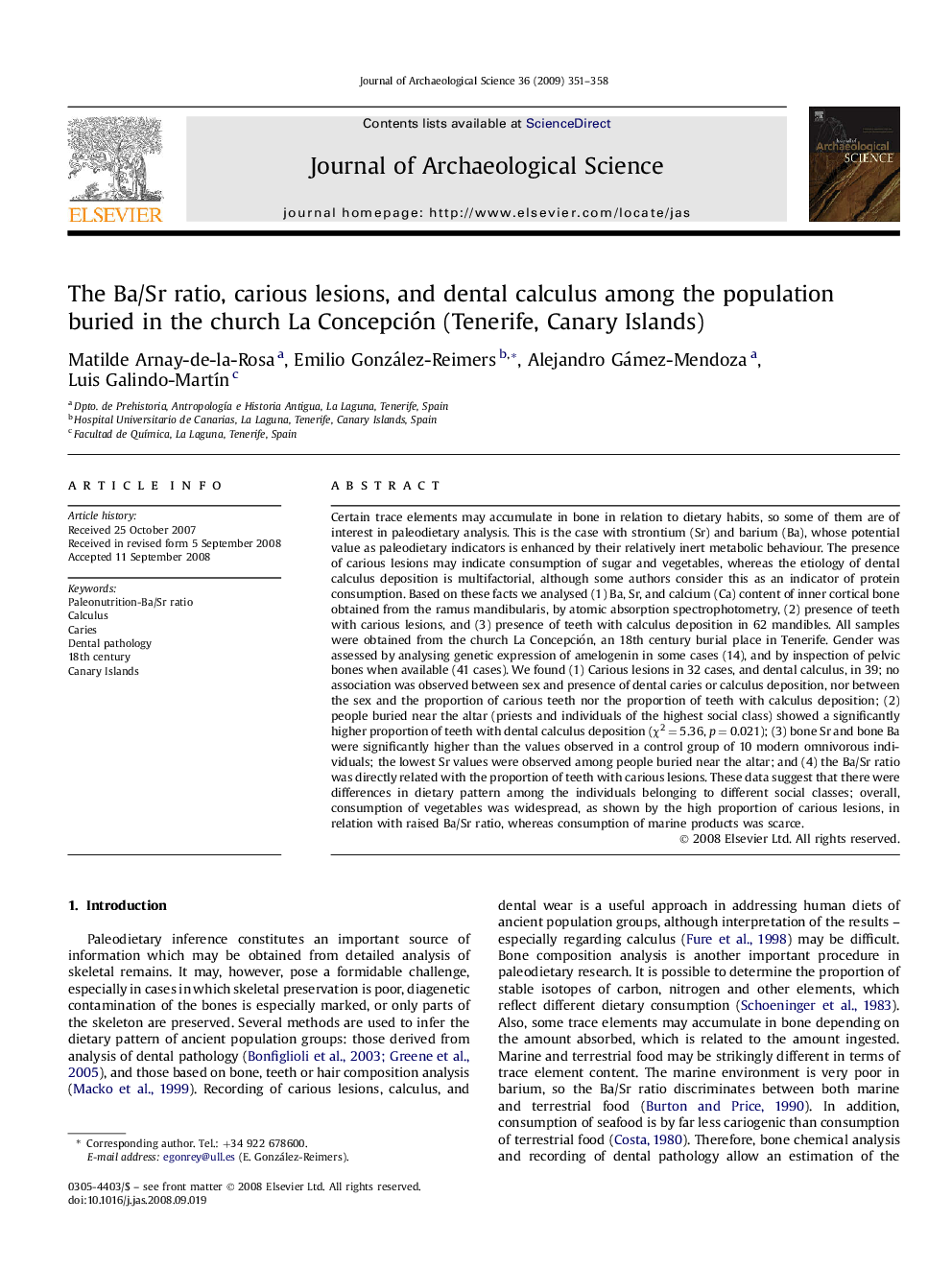 The Ba/Sr ratio, carious lesions, and dental calculus among the population buried in the church La Concepción (Tenerife, Canary Islands)