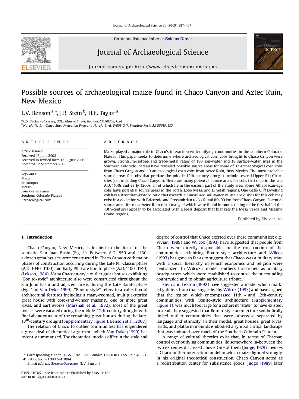 Possible sources of archaeological maize found in Chaco Canyon and Aztec Ruin, New Mexico