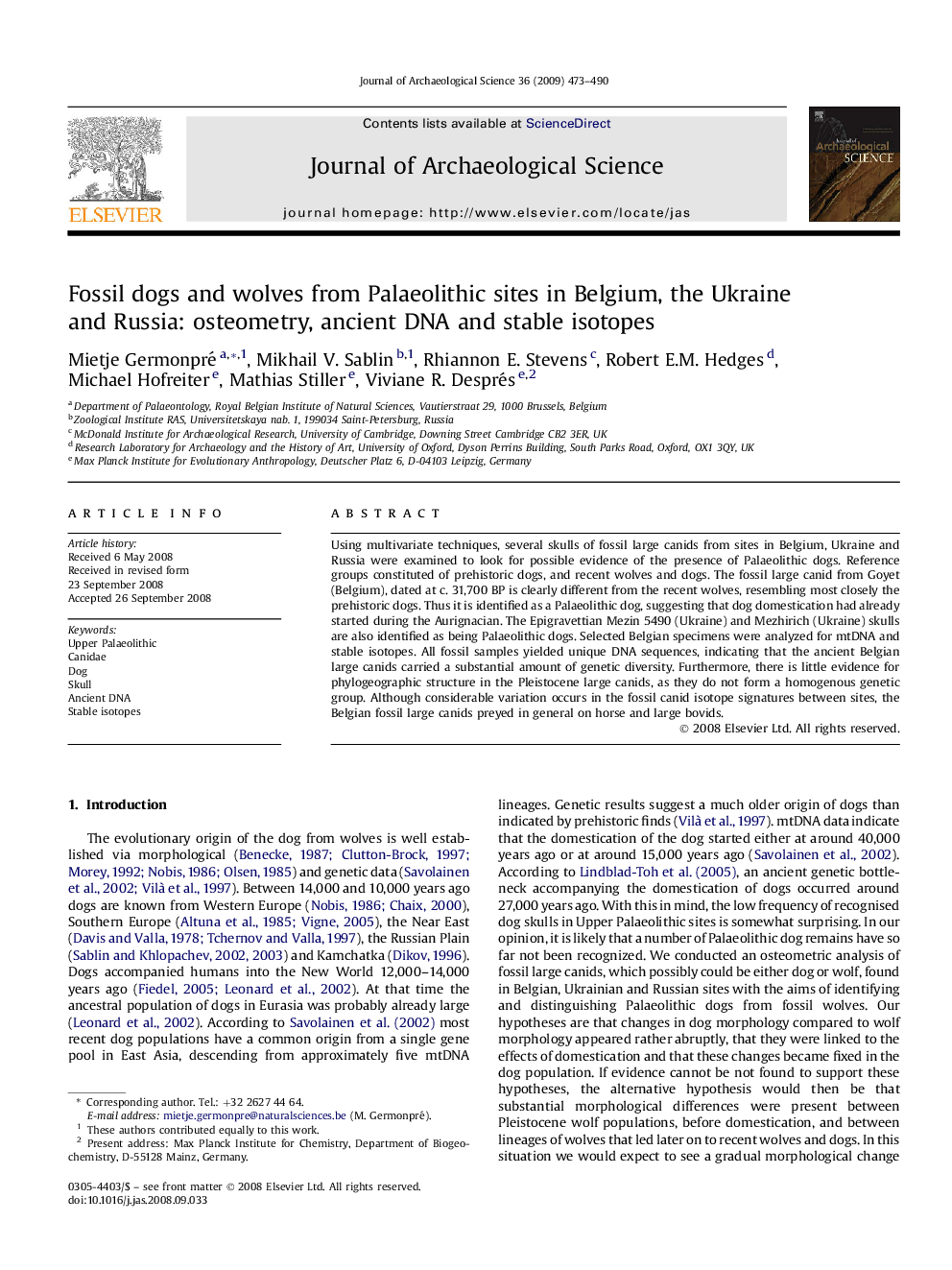 Fossil dogs and wolves from Palaeolithic sites in Belgium, the Ukraine and Russia: osteometry, ancient DNA and stable isotopes