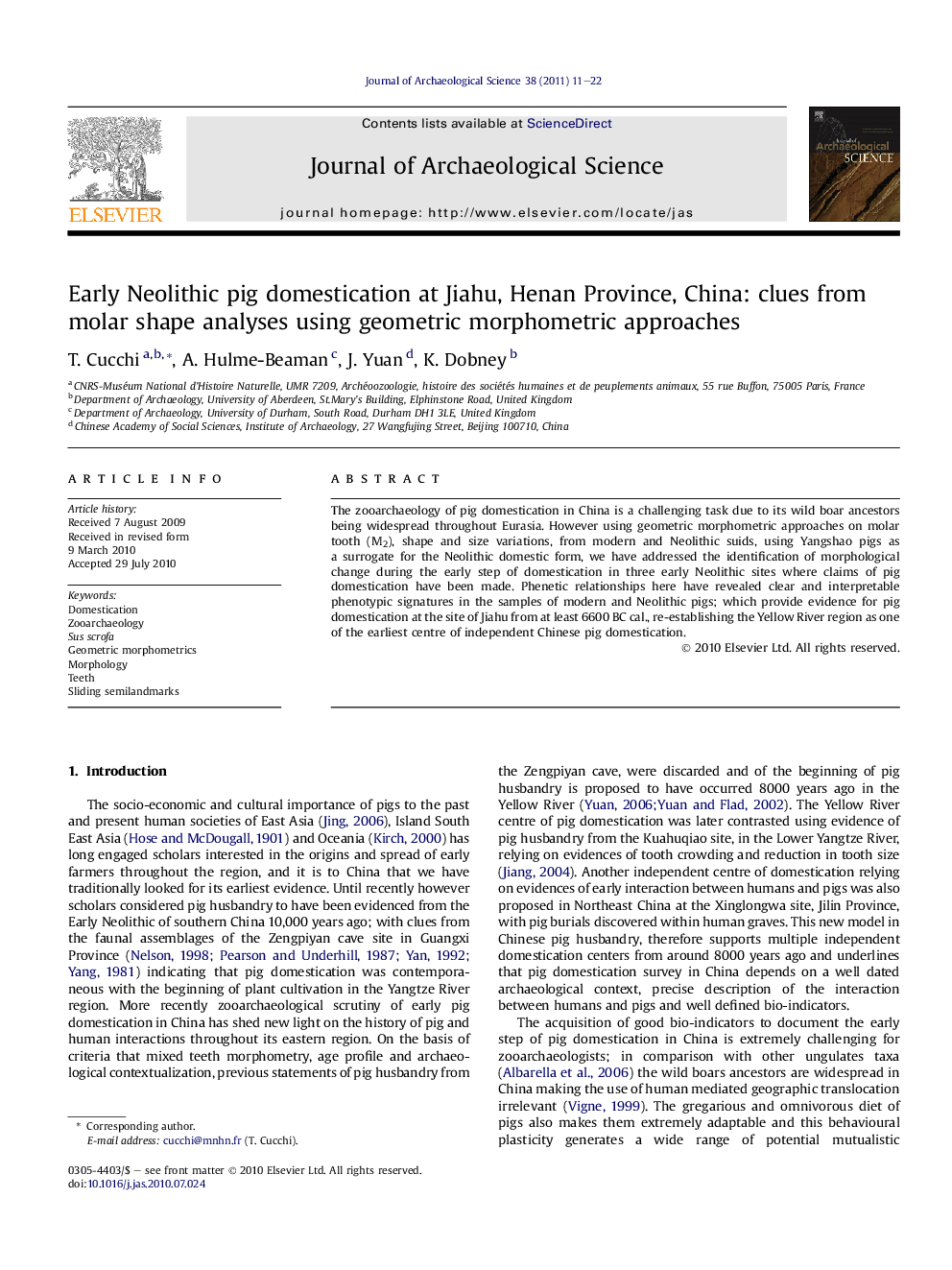 Early Neolithic pig domestication at Jiahu, Henan Province, China: clues from molar shape analyses using geometric morphometric approaches