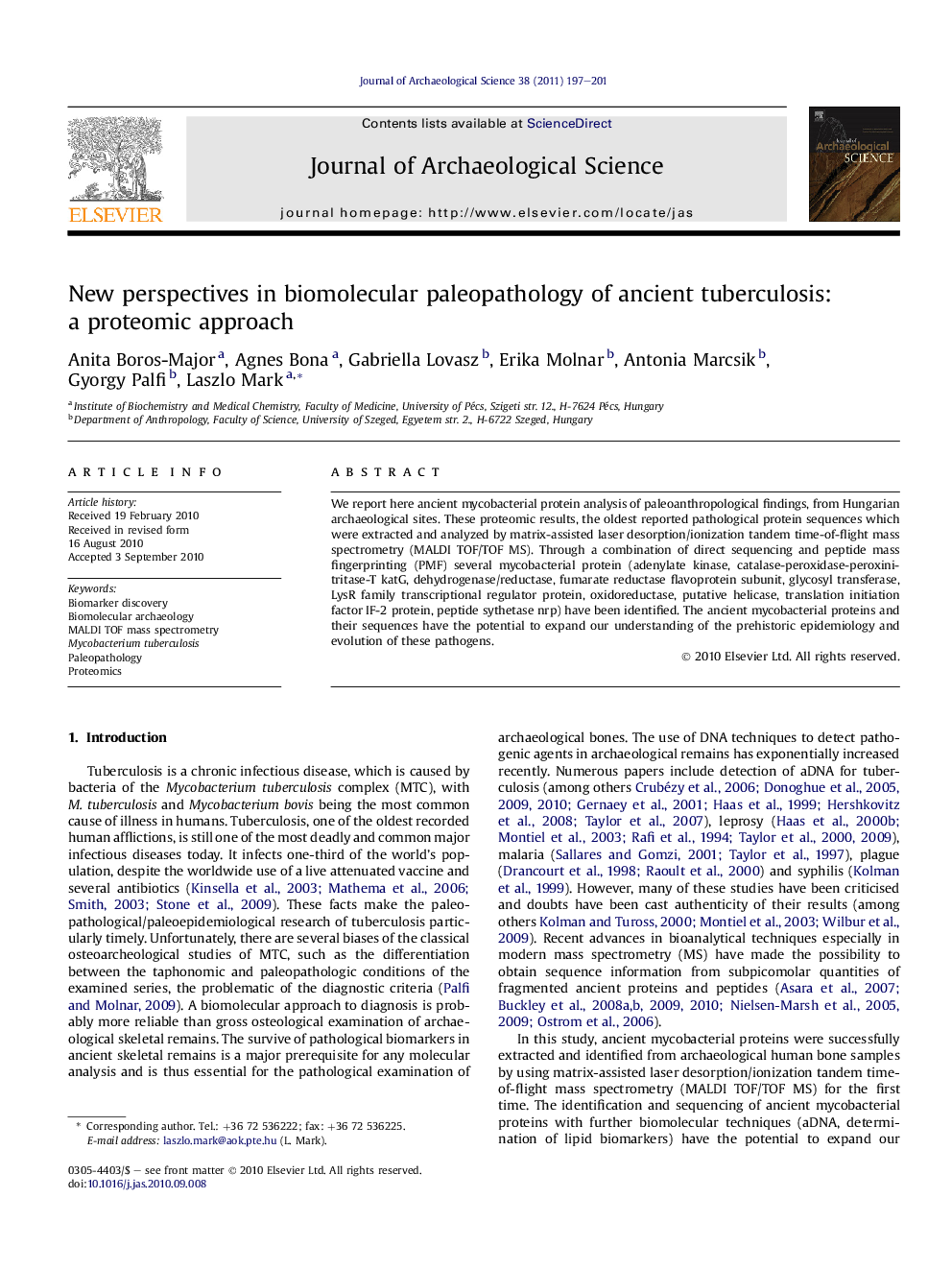 New perspectives in biomolecular paleopathology of ancient tuberculosis: a proteomic approach