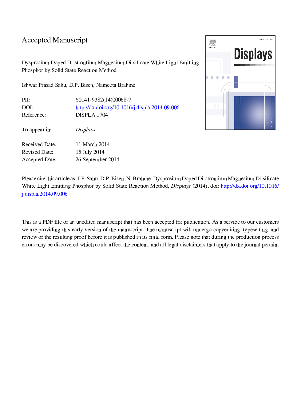 Dysprosium doped di-strontium magnesium di-silicate white light emitting phosphor by solid state reaction method