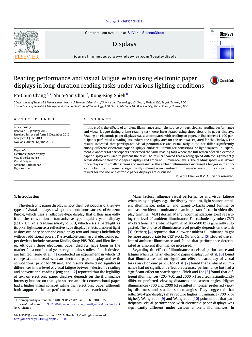 Reading performance and visual fatigue when using electronic paper displays in long-duration reading tasks under various lighting conditions