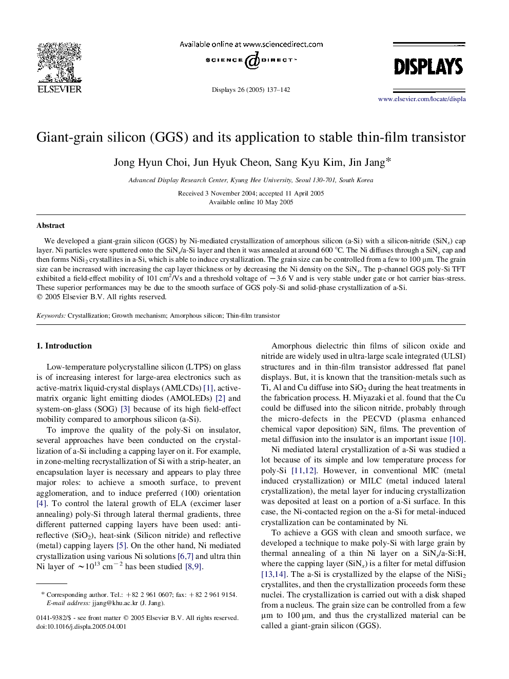 Giant-grain silicon (GGS) and its application to stable thin-film transistor