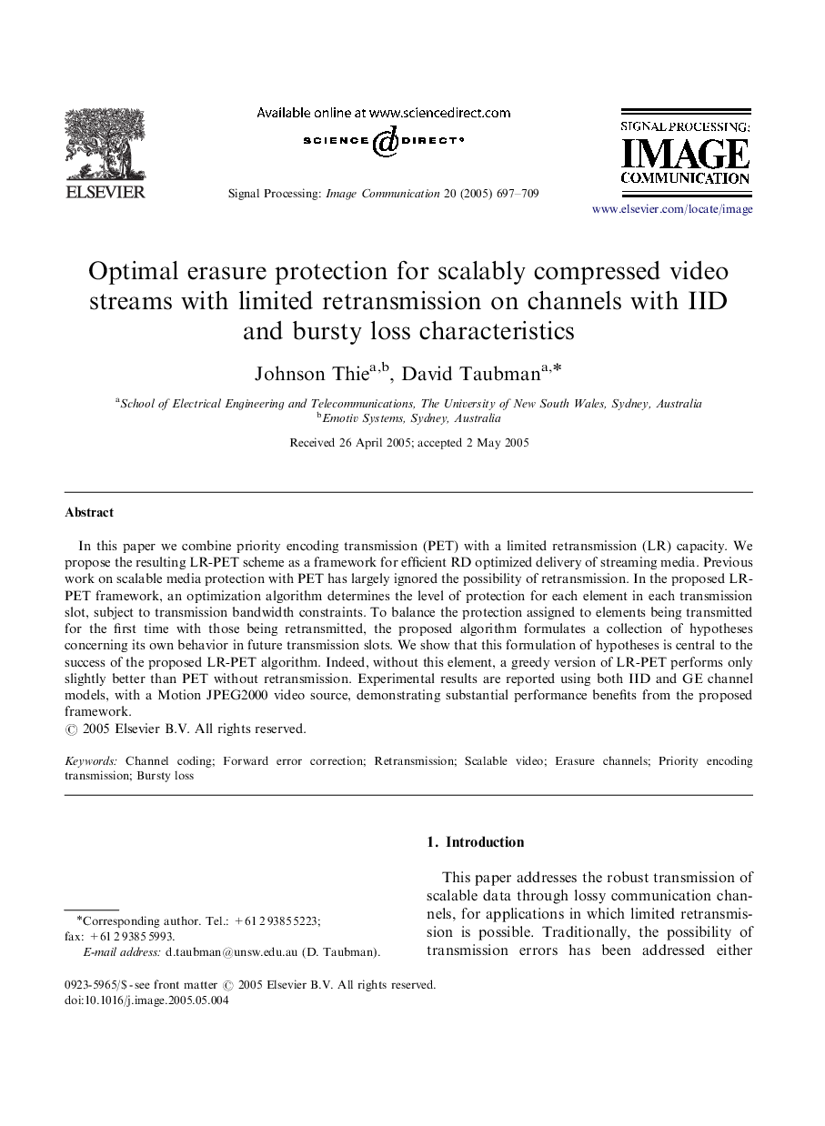 Optimal erasure protection for scalably compressed video streams with limited retransmission on channels with IID and bursty loss characteristics