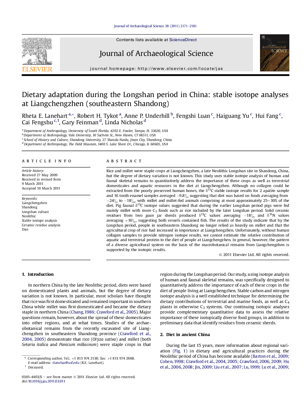 Dietary adaptation during the Longshan period in China: stable isotope analyses at Liangchengzhen (southeastern Shandong)