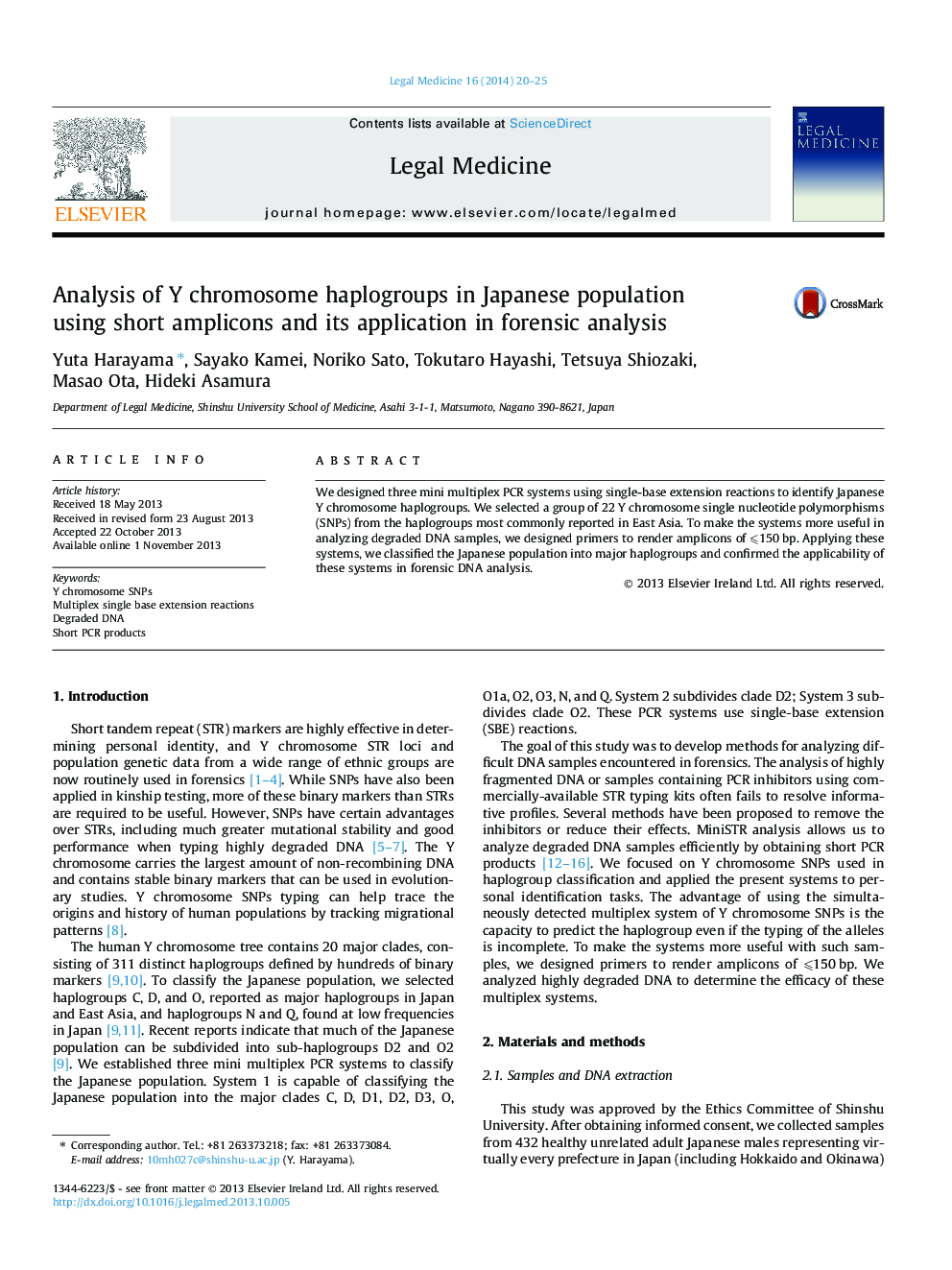 Analysis of Y chromosome haplogroups in Japanese population using short amplicons and its application in forensic analysis