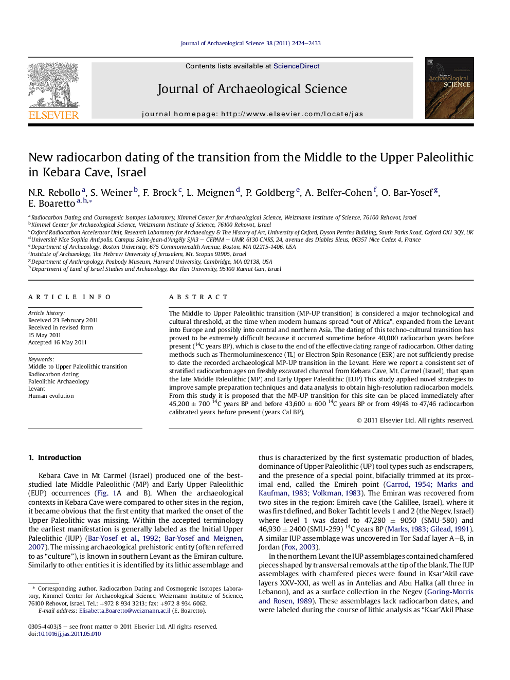 New radiocarbon dating of the transition from the Middle to the Upper Paleolithic in Kebara Cave, Israel