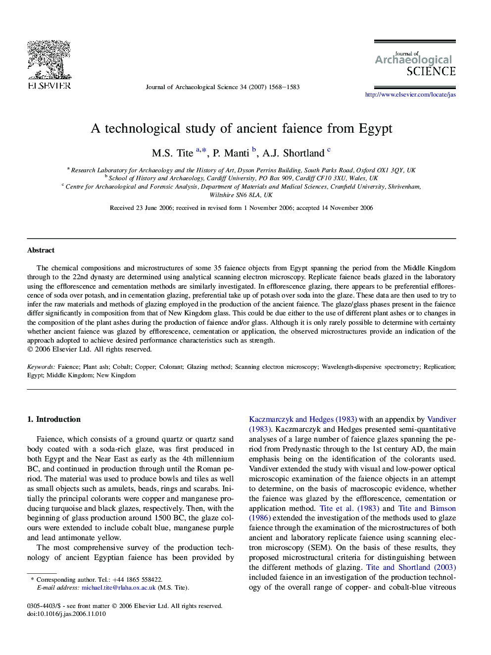 A technological study of ancient faience from Egypt