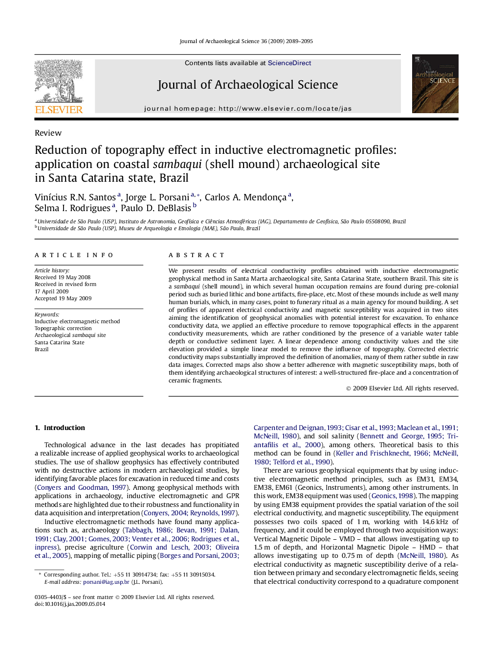 Reduction of topography effect in inductive electromagnetic profiles: application on coastal sambaqui (shell mound) archaeological site in Santa Catarina state, Brazil