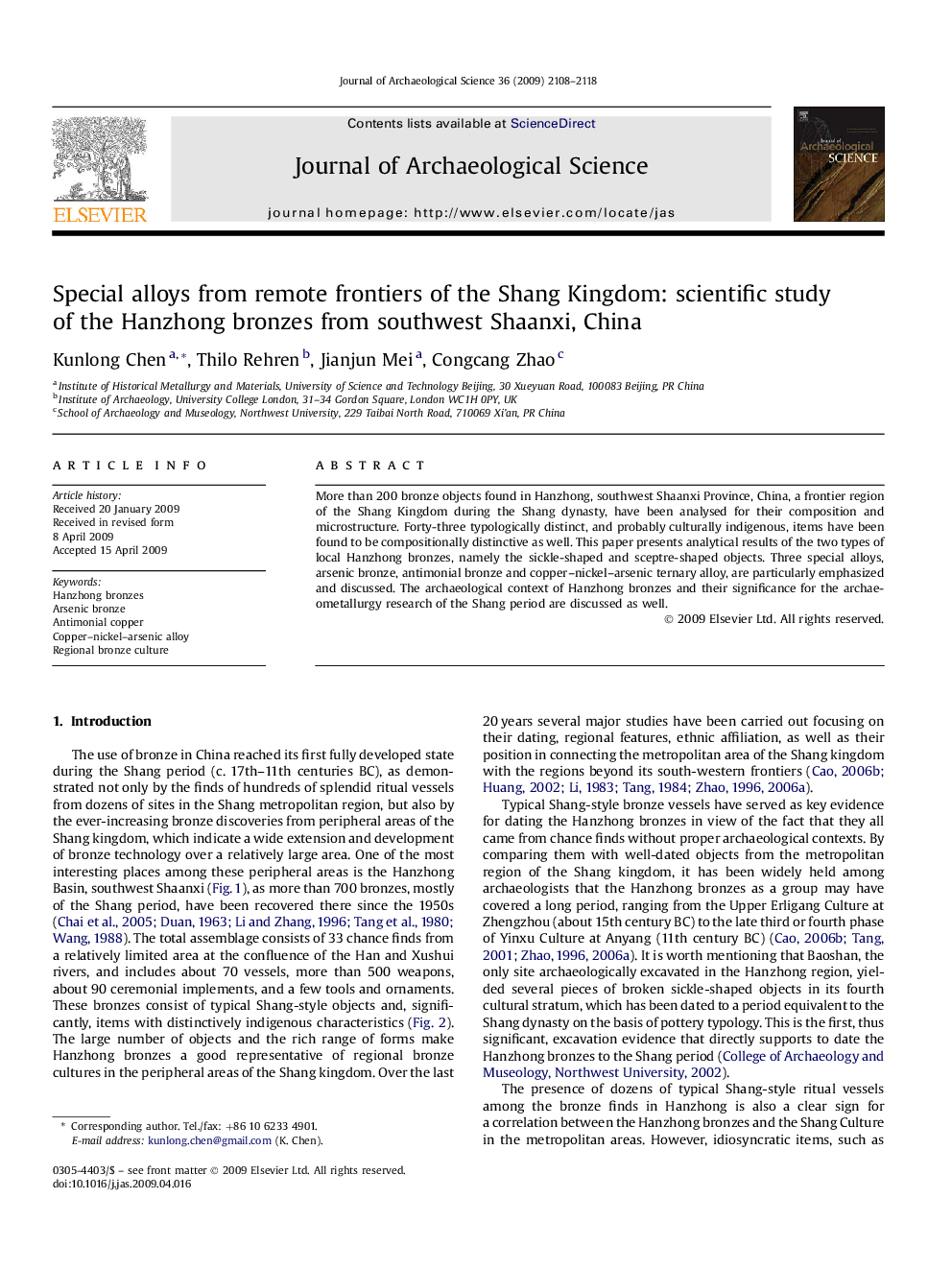 Special alloys from remote frontiers of the Shang Kingdom: scientific study of the Hanzhong bronzes from southwest Shaanxi, China