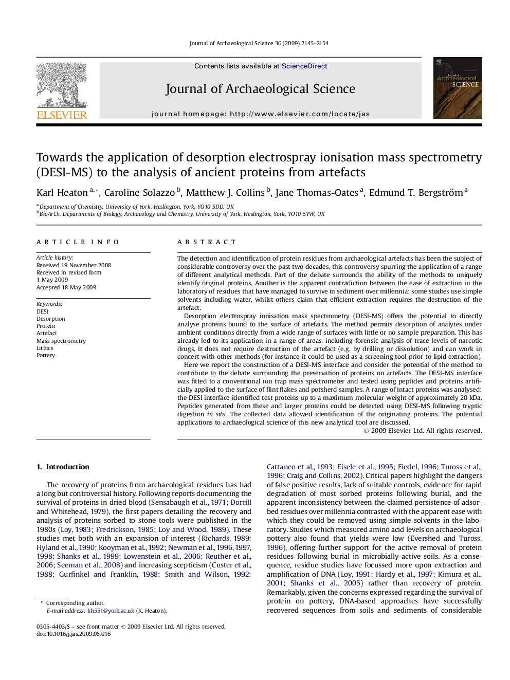 Towards the application of desorption electrospray ionisation mass spectrometry (DESI-MS) to the analysis of ancient proteins from artefacts