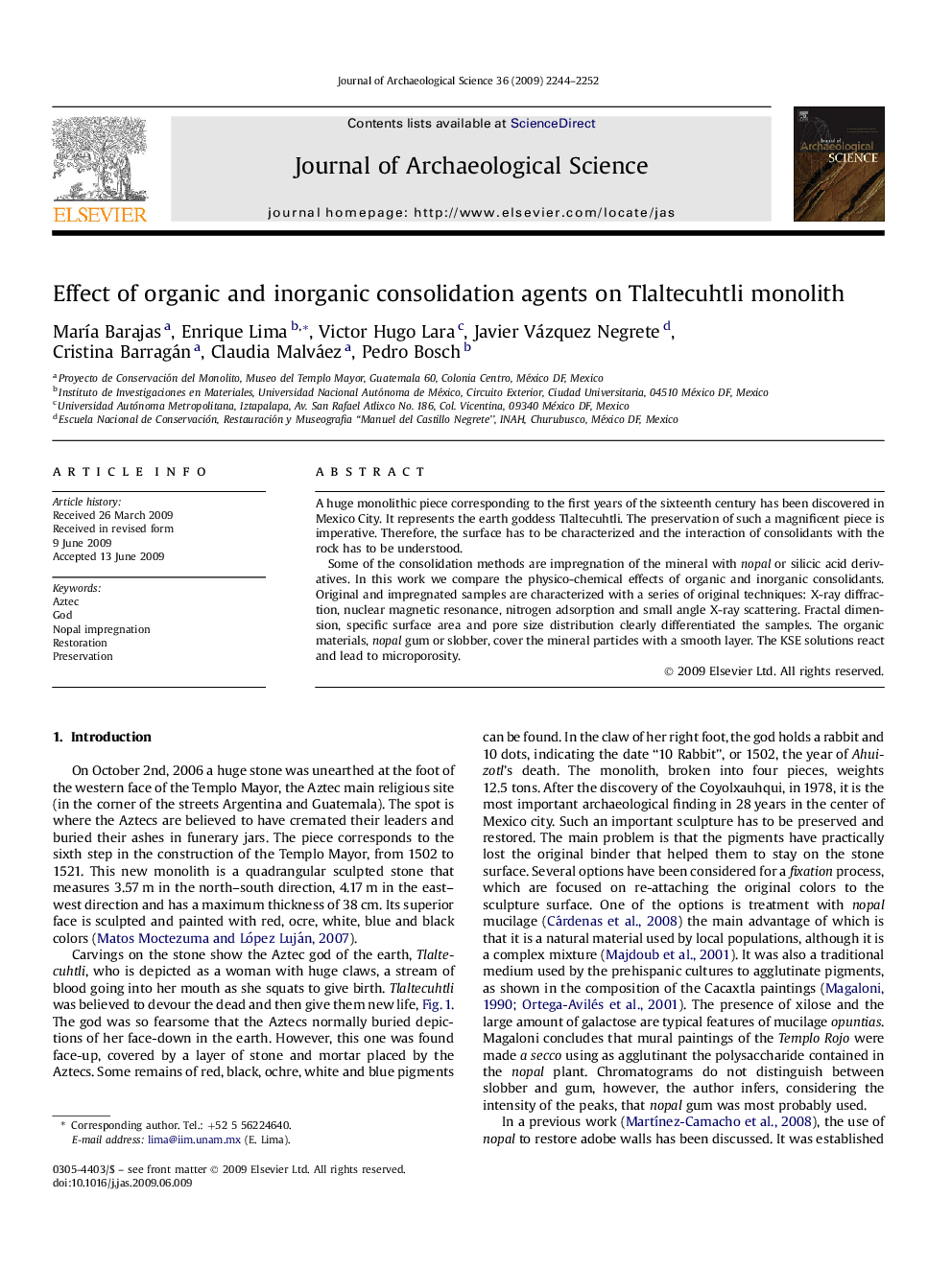 Effect of organic and inorganic consolidation agents on Tlaltecuhtli monolith