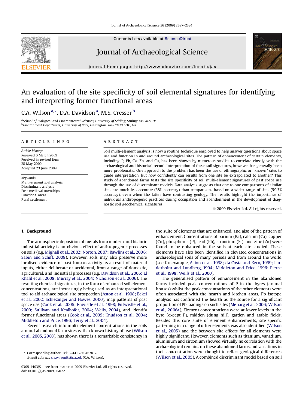 An evaluation of the site specificity of soil elemental signatures for identifying and interpreting former functional areas