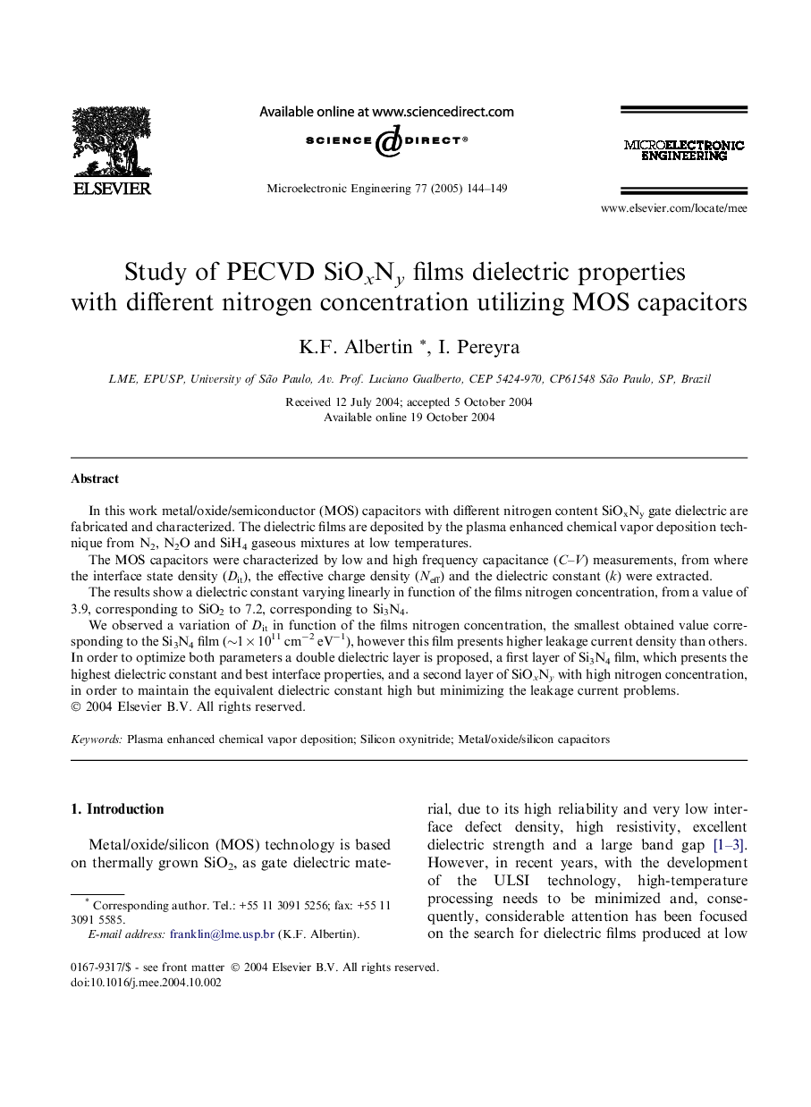 Study of PECVD SiOxNy films dielectric properties with different nitrogen concentration utilizing MOS capacitors