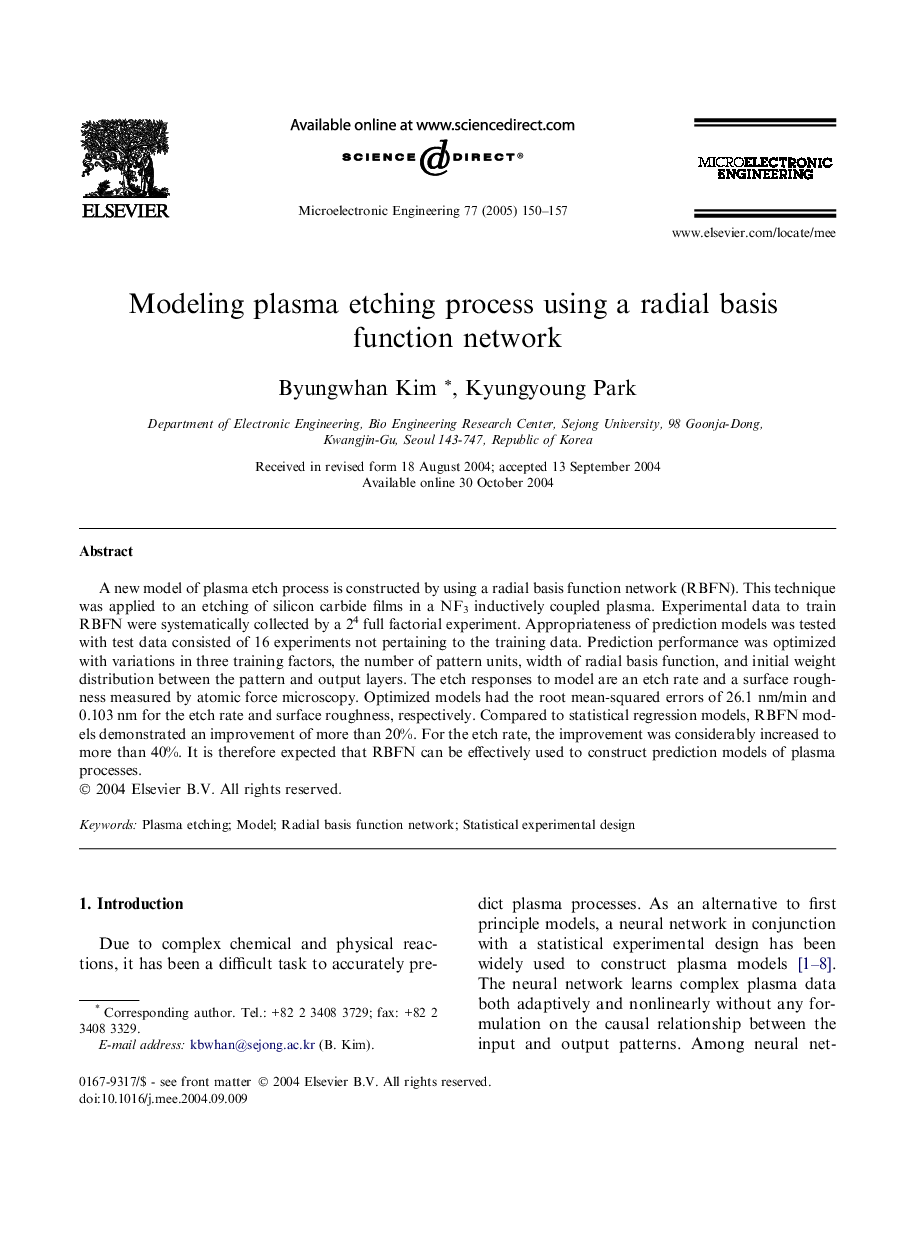 Modeling plasma etching process using a radial basis function network