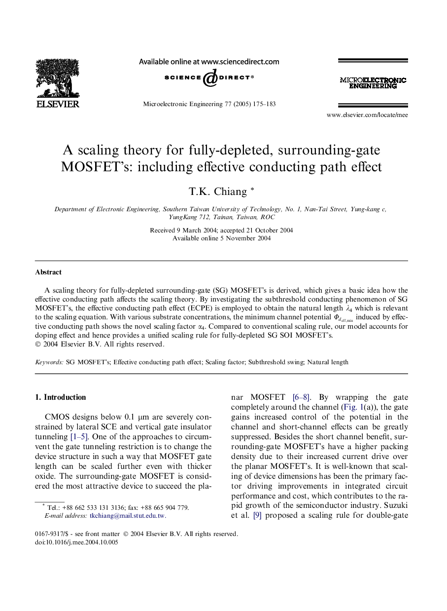 A scaling theory for fully-depleted, surrounding-gate MOSFET's: including effective conducting path effect