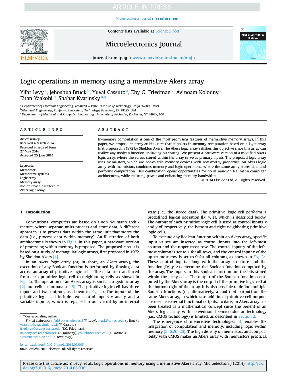 Logic operations in memory using a memristive Akers array