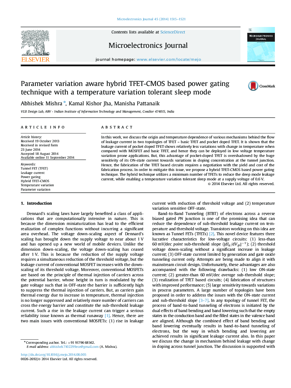 Parameter variation aware hybrid TFET-CMOS based power gating technique with a temperature variation tolerant sleep mode