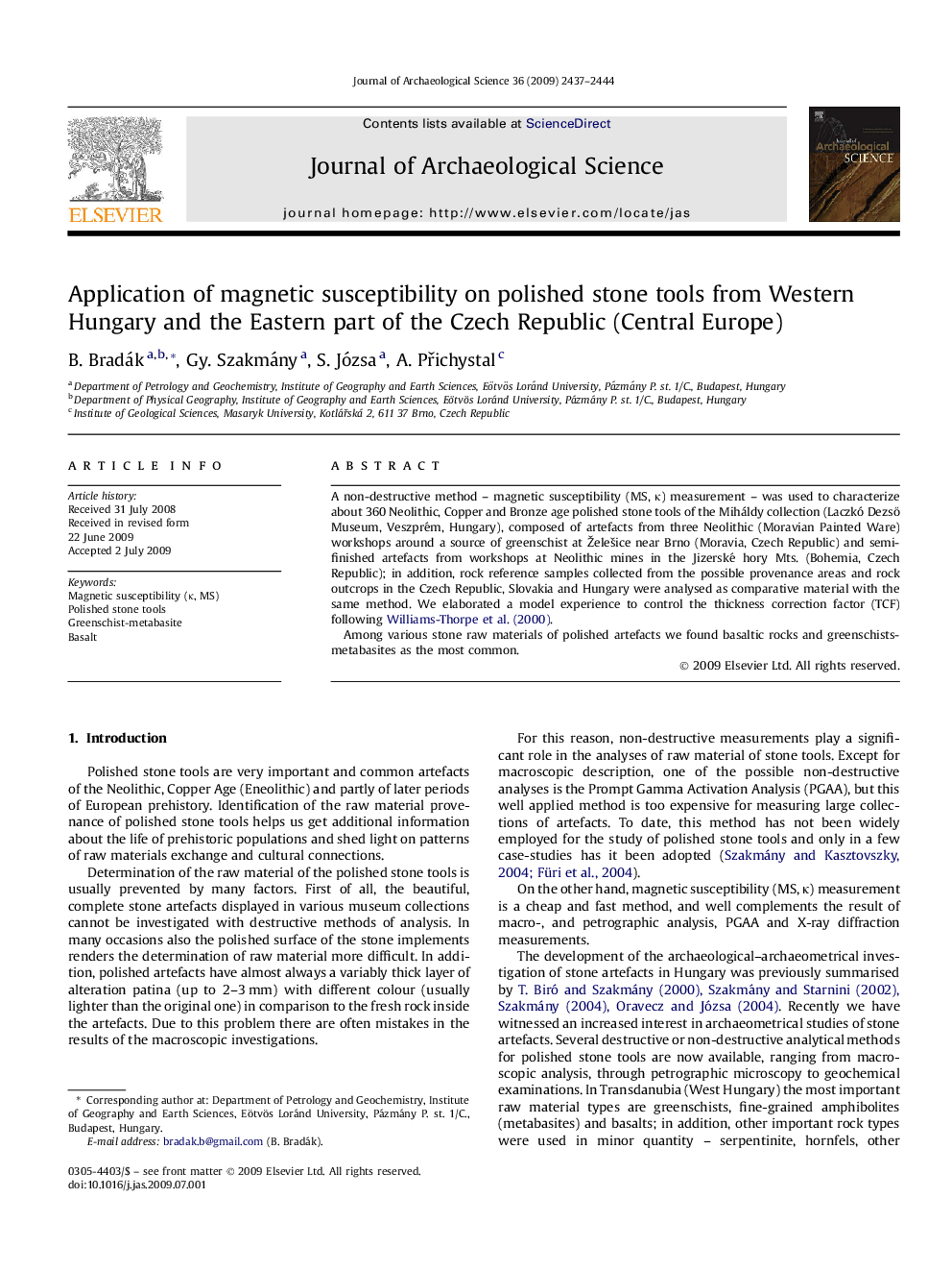 Application of magnetic susceptibility on polished stone tools from Western Hungary and the Eastern part of the Czech Republic (Central Europe)