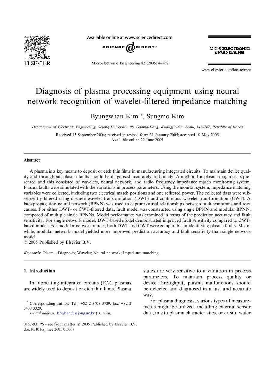 Diagnosis of plasma processing equipment using neural network recognition of wavelet-filtered impedance matching