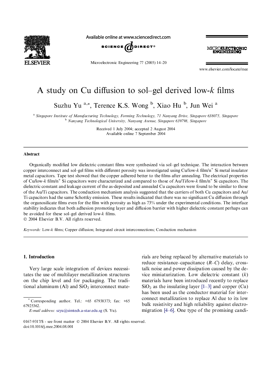 A study on Cu diffusion to sol-gel derived low-k films