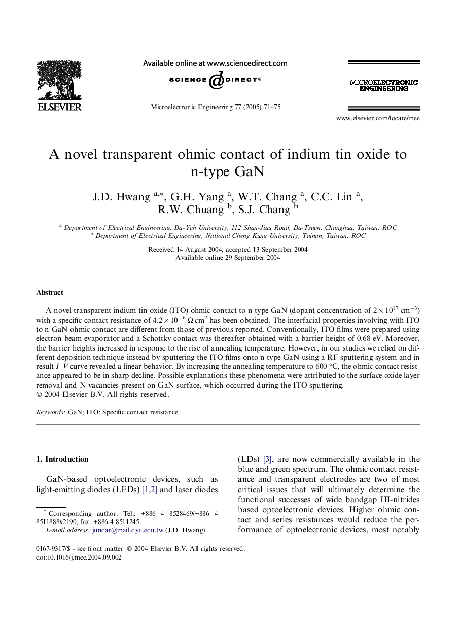 A novel transparent ohmic contact of indium tin oxide to n-type GaN