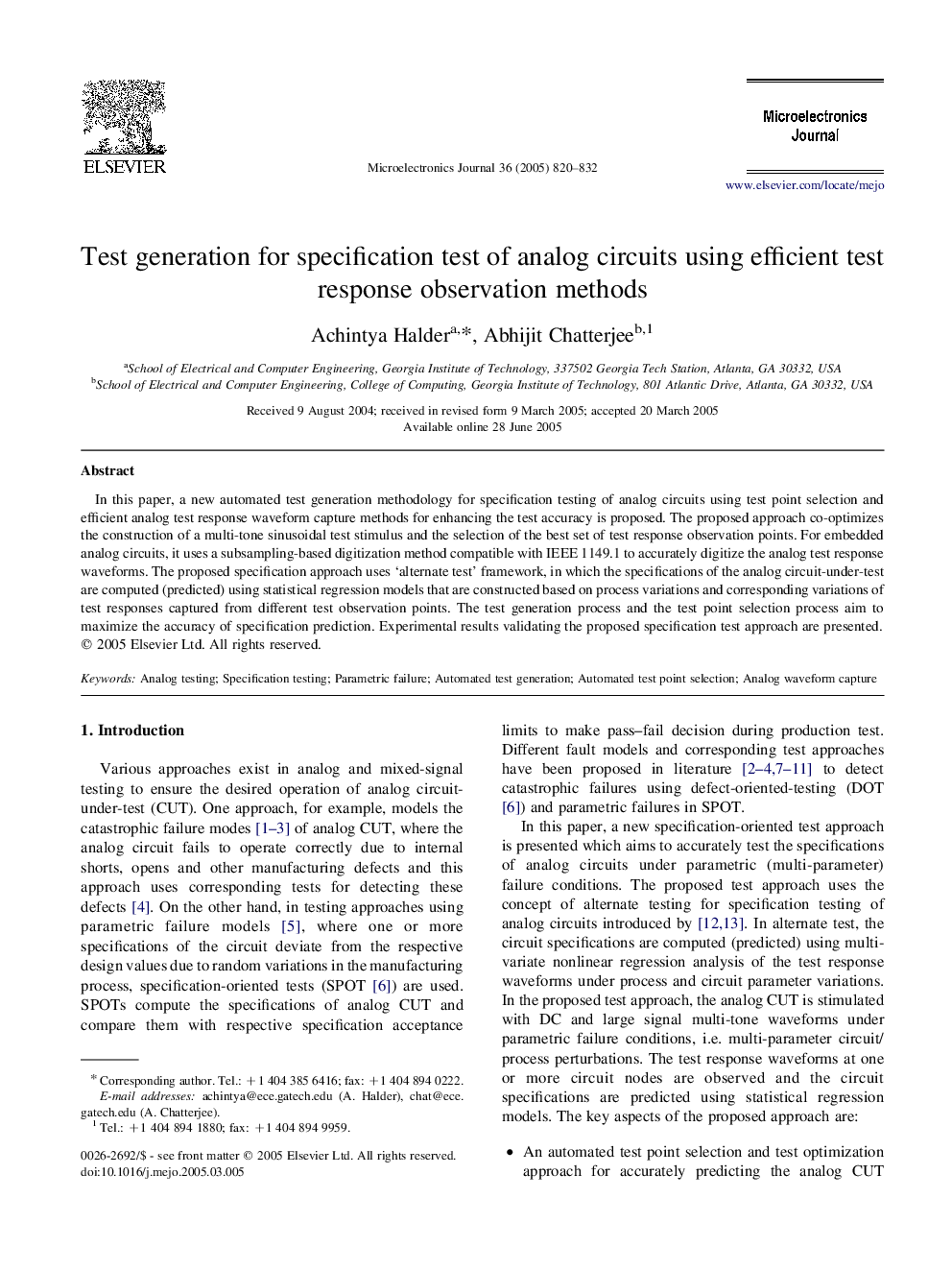 Test generation for specification test of analog circuits using efficient test response observation methods