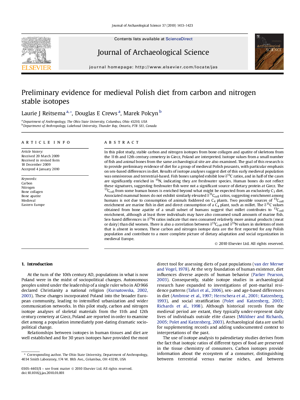 Preliminary evidence for medieval Polish diet from carbon and nitrogen stable isotopes