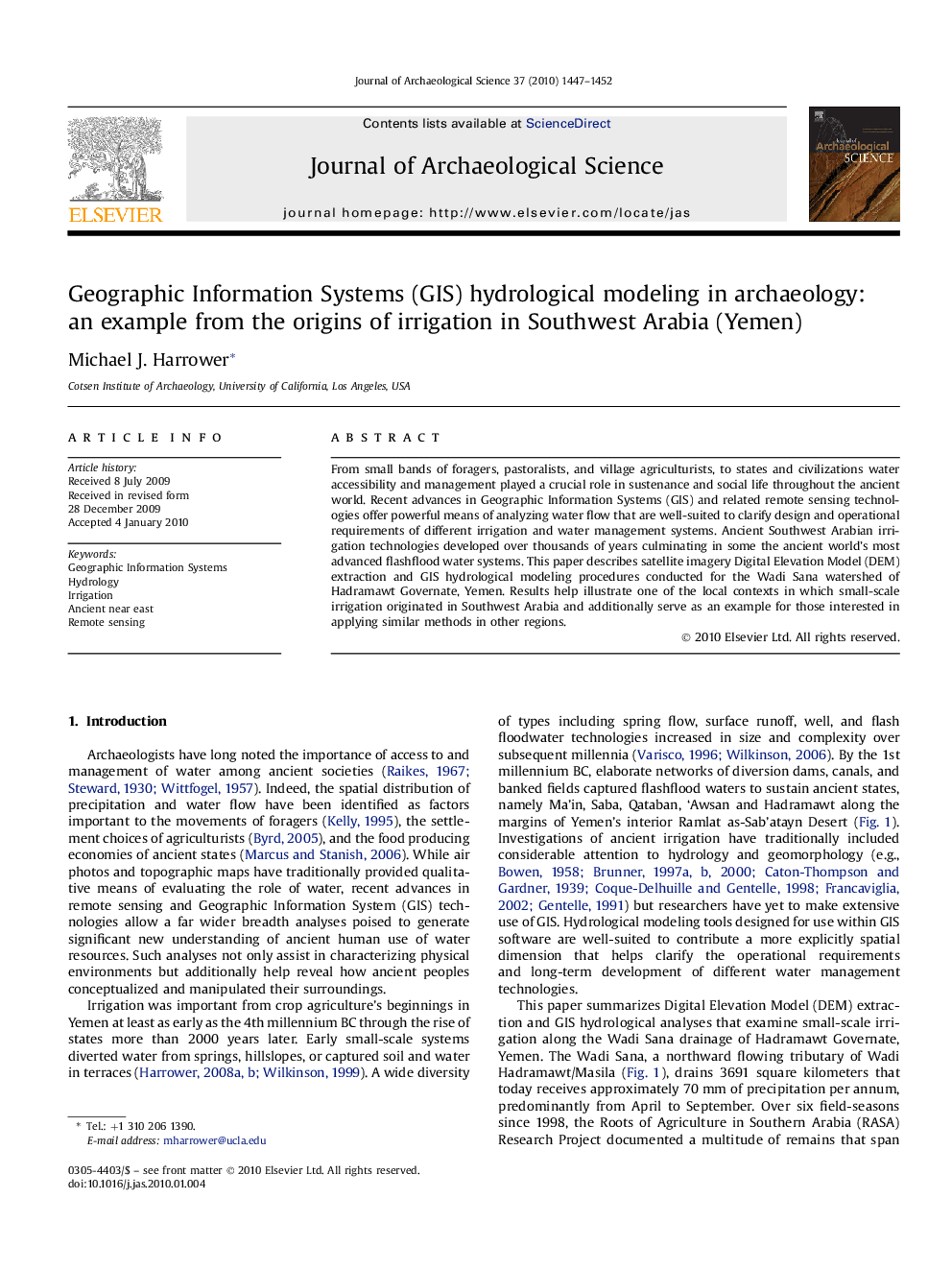 Geographic Information Systems (GIS) hydrological modeling in archaeology: an example from the origins of irrigation in Southwest Arabia (Yemen)