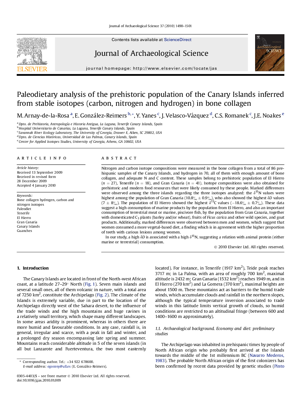 Paleodietary analysis of the prehistoric population of the Canary Islands inferred from stable isotopes (carbon, nitrogen and hydrogen) in bone collagen