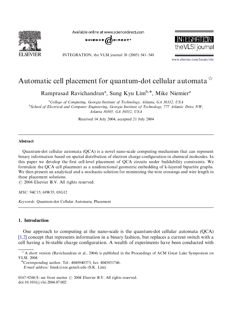 Automatic cell placement for quantum-dot cellular automata
