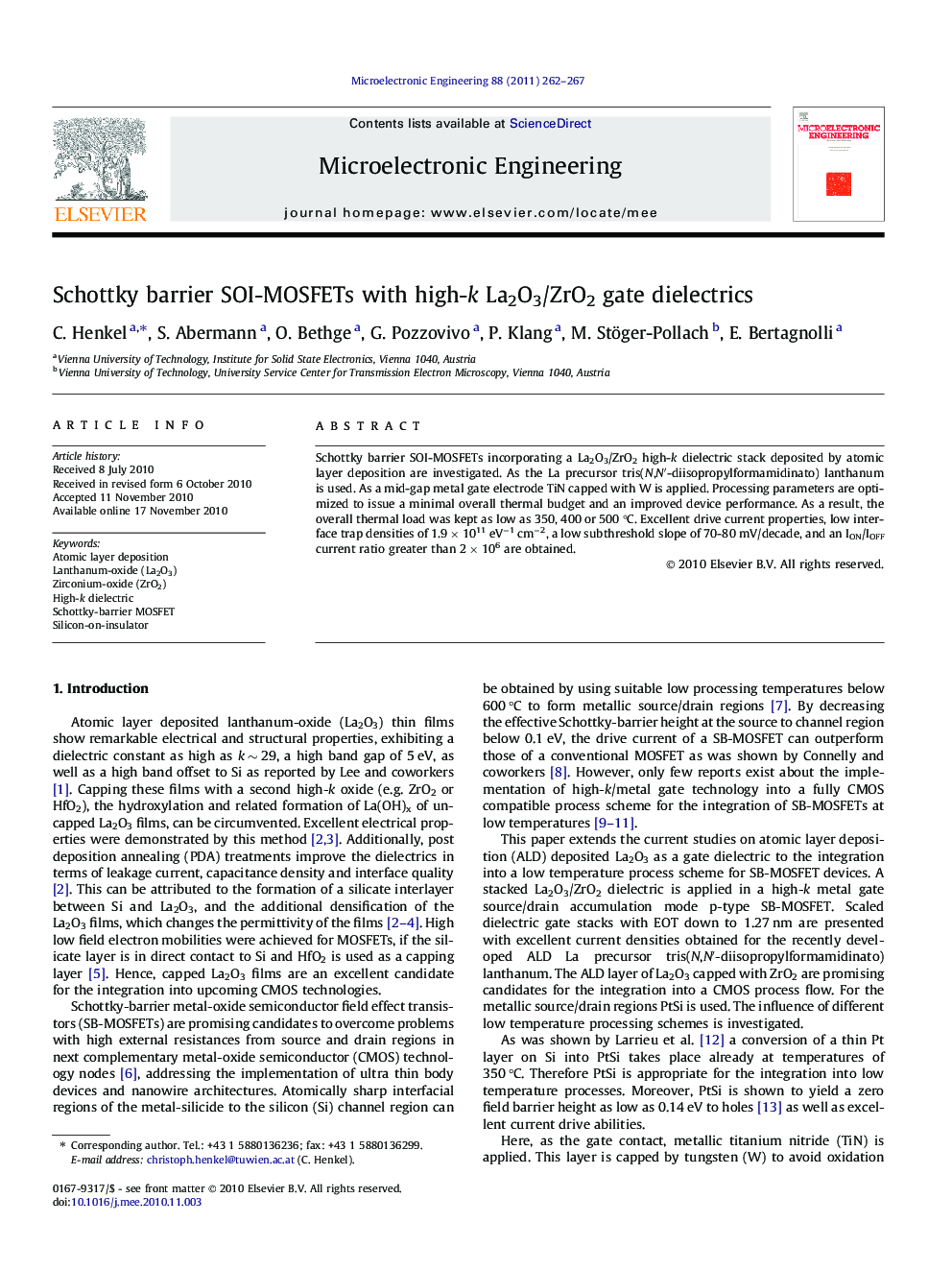 Schottky barrier SOI-MOSFETs with high-k La2O3/ZrO2 gate dielectrics