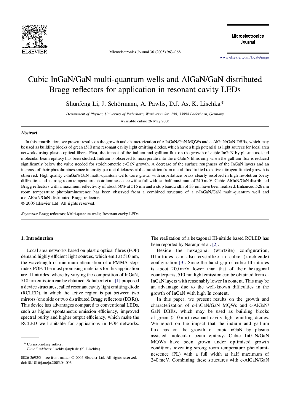 Cubic InGaN/GaN multi-quantum wells and AlGaN/GaN distributed Bragg reflectors for application in resonant cavity LEDs