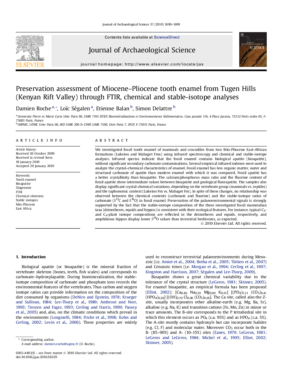 Preservation assessment of Miocene–Pliocene tooth enamel from Tugen Hills (Kenyan Rift Valley) through FTIR, chemical and stable-isotope analyses