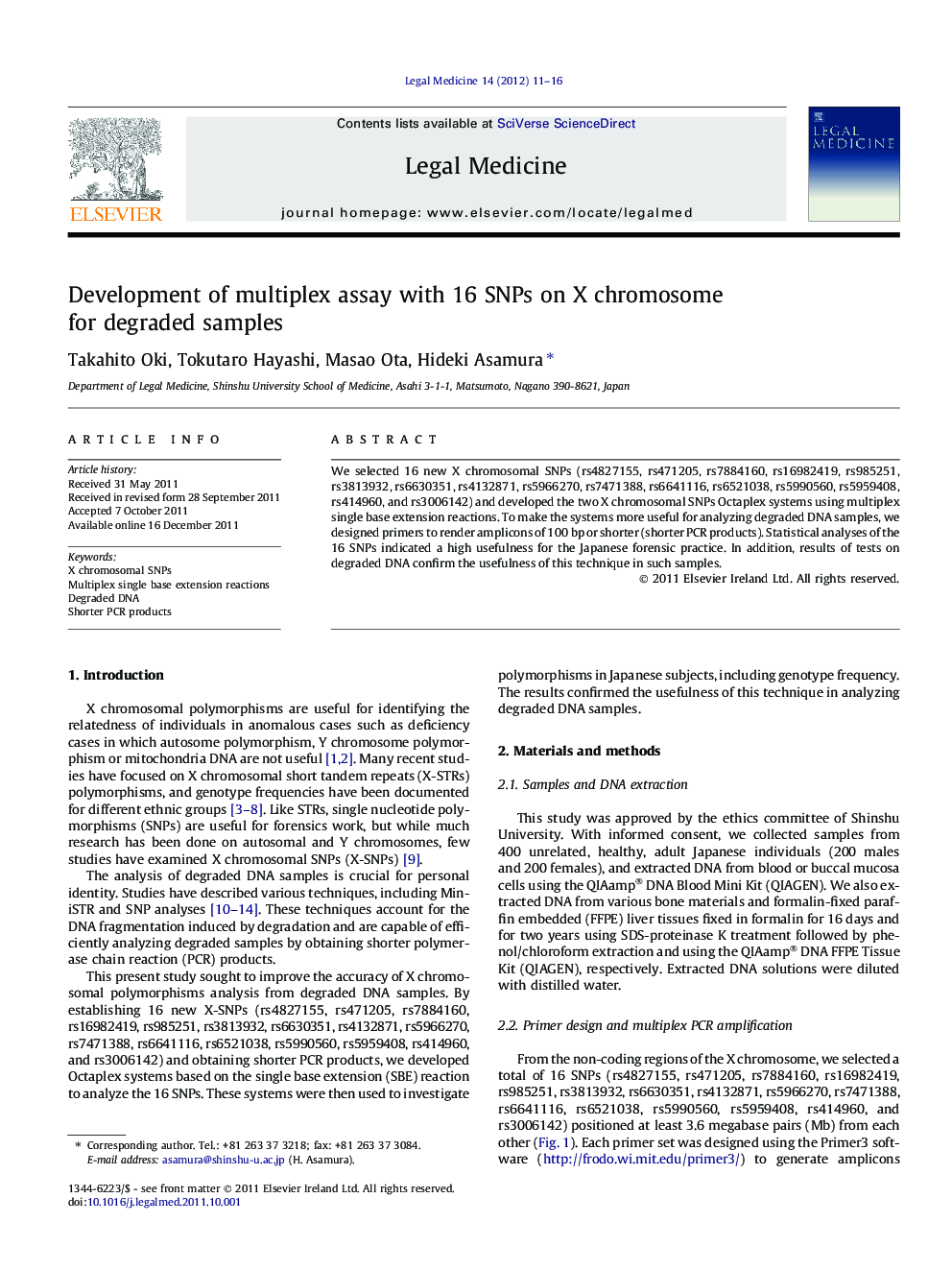 Development of multiplex assay with 16 SNPs on X chromosome for degraded samples