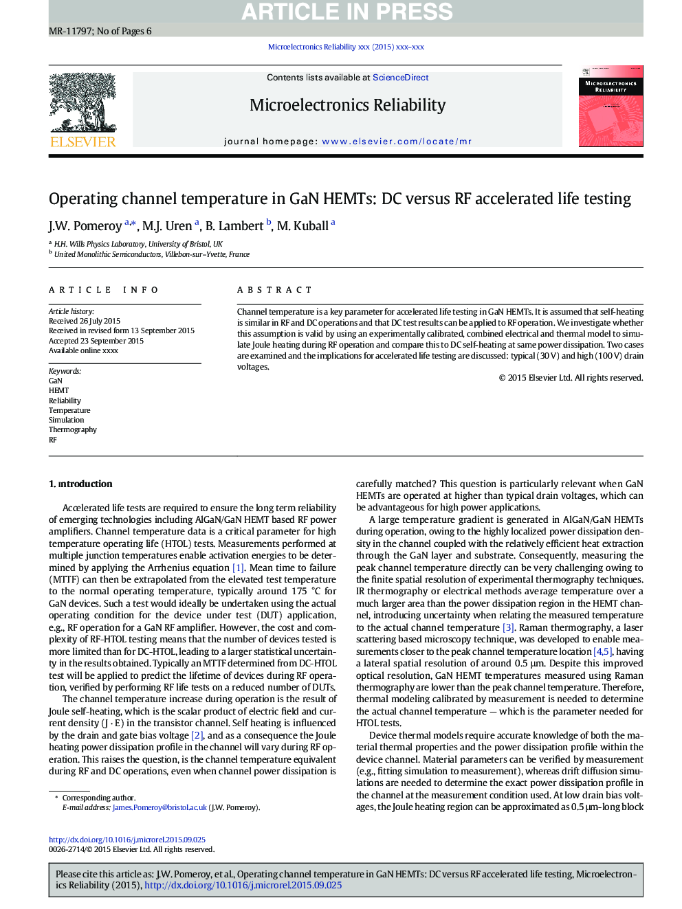 عکس صفحه اول مقاله: Operating channel temperature in GaN HEMTs: DC versus RF accelerated life testing Operating channel temperature in GaN HEMTs: DC versus RF accelerated life testing