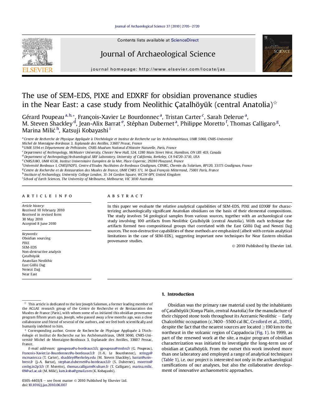 The use of SEM-EDS, PIXE and EDXRF for obsidian provenance studies in the Near East: a case study from Neolithic Çatalhöyük (central Anatolia) 