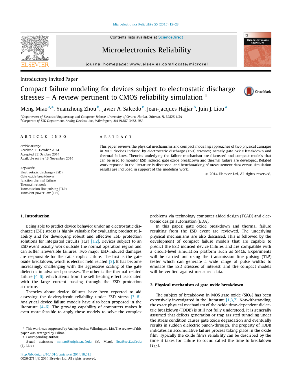 عکس صفحه اول مقاله: Compact failure modeling for devices subject to electrostatic discharge stresses - A review pertinent to CMOS reliability simulation Compact failure modeling for devices subject to electrostatic discharge stresses - A review pertinent to CMOS reliability simulation