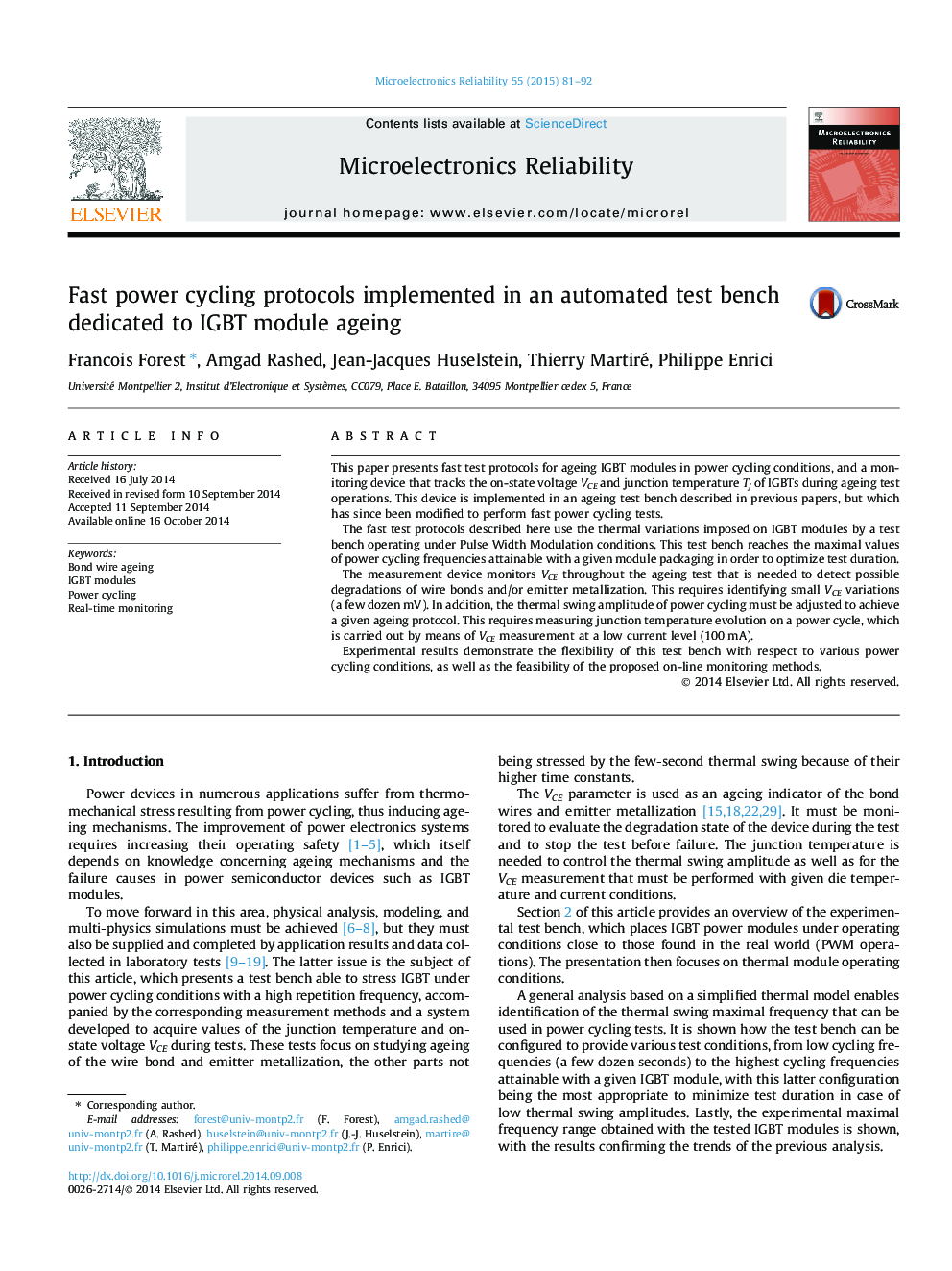 Fast power cycling protocols implemented in an automated test bench dedicated to IGBT module ageing