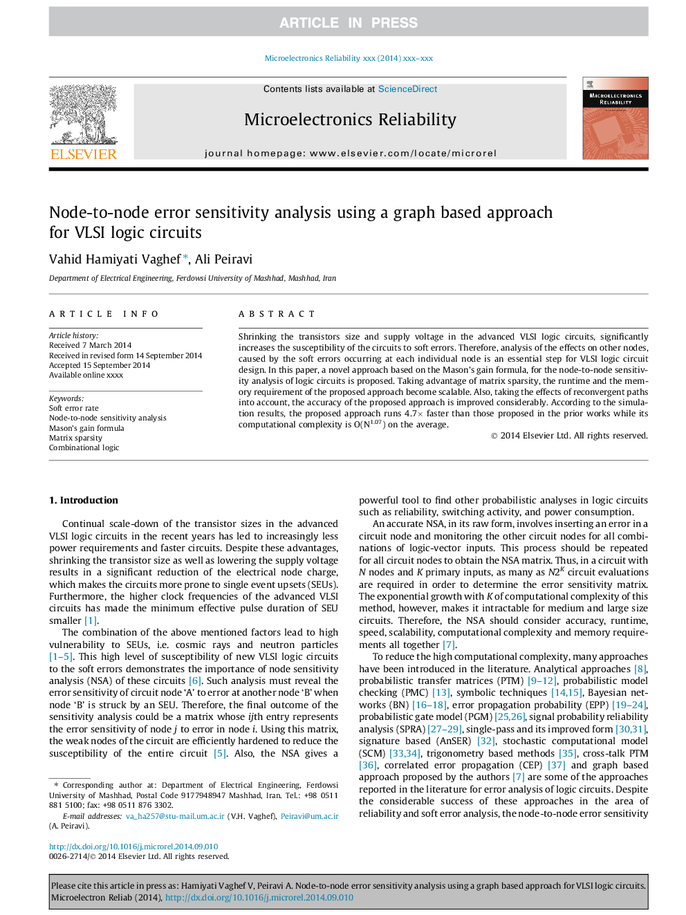 عکس صفحه اول مقاله: Node-to-node error sensitivity analysis using a graph based approach for VLSI logic circuits Node-to-node error sensitivity analysis using a graph based approach for VLSI logic circuits