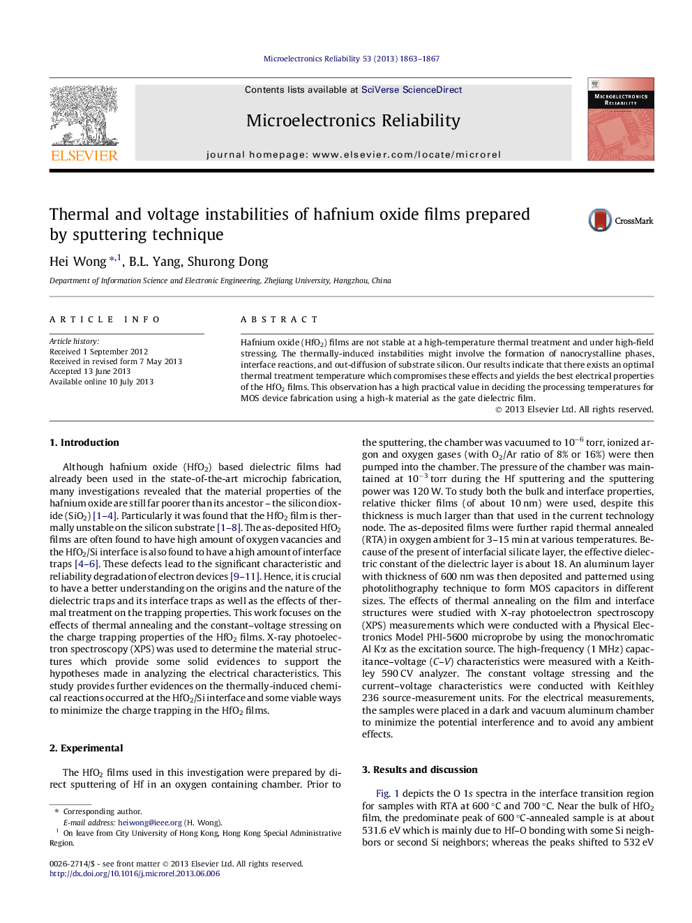 Thermal and voltage instabilities of hafnium oxide films prepared by sputtering technique