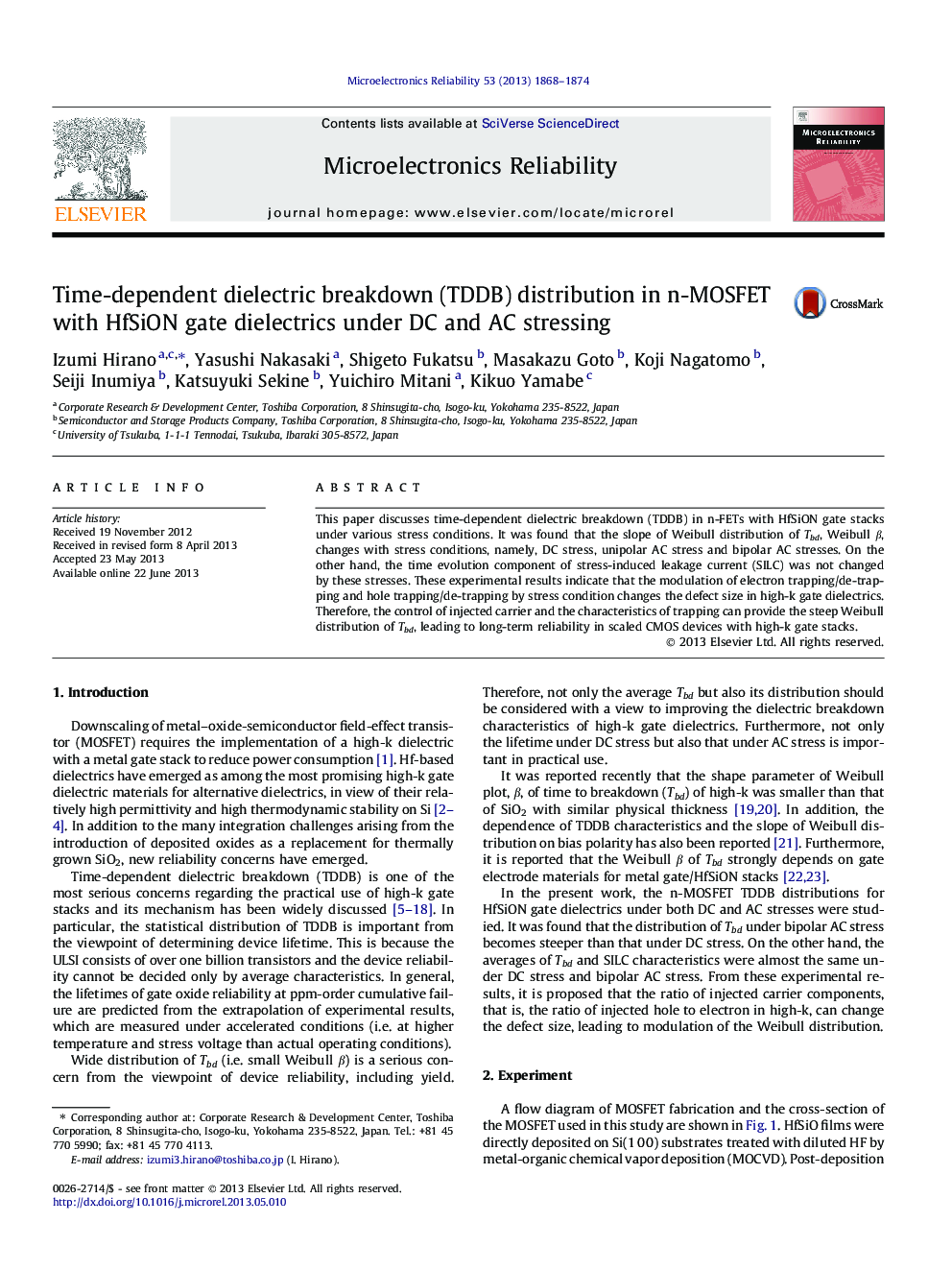 Time-dependent dielectric breakdown (TDDB) distribution in n-MOSFET with HfSiON gate dielectrics under DC and AC stressing