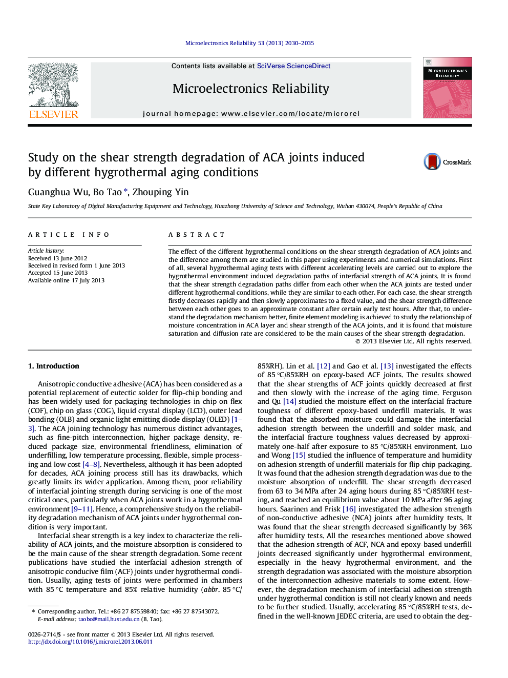 Study on the shear strength degradation of ACA joints induced by different hygrothermal aging conditions
