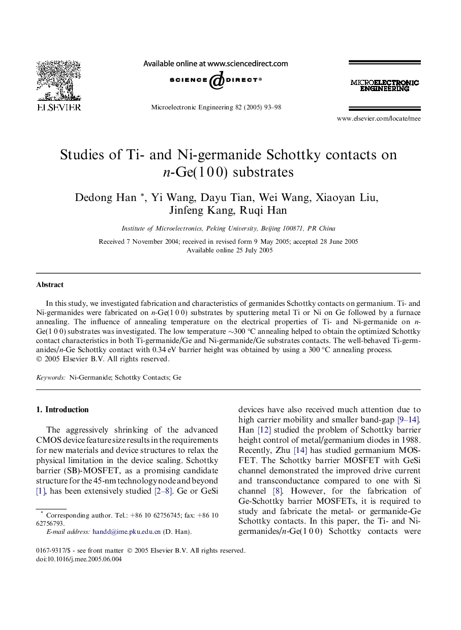 Studies of Ti- and Ni-germanide Schottky contacts on n-Ge(1Â 0Â 0) substrates