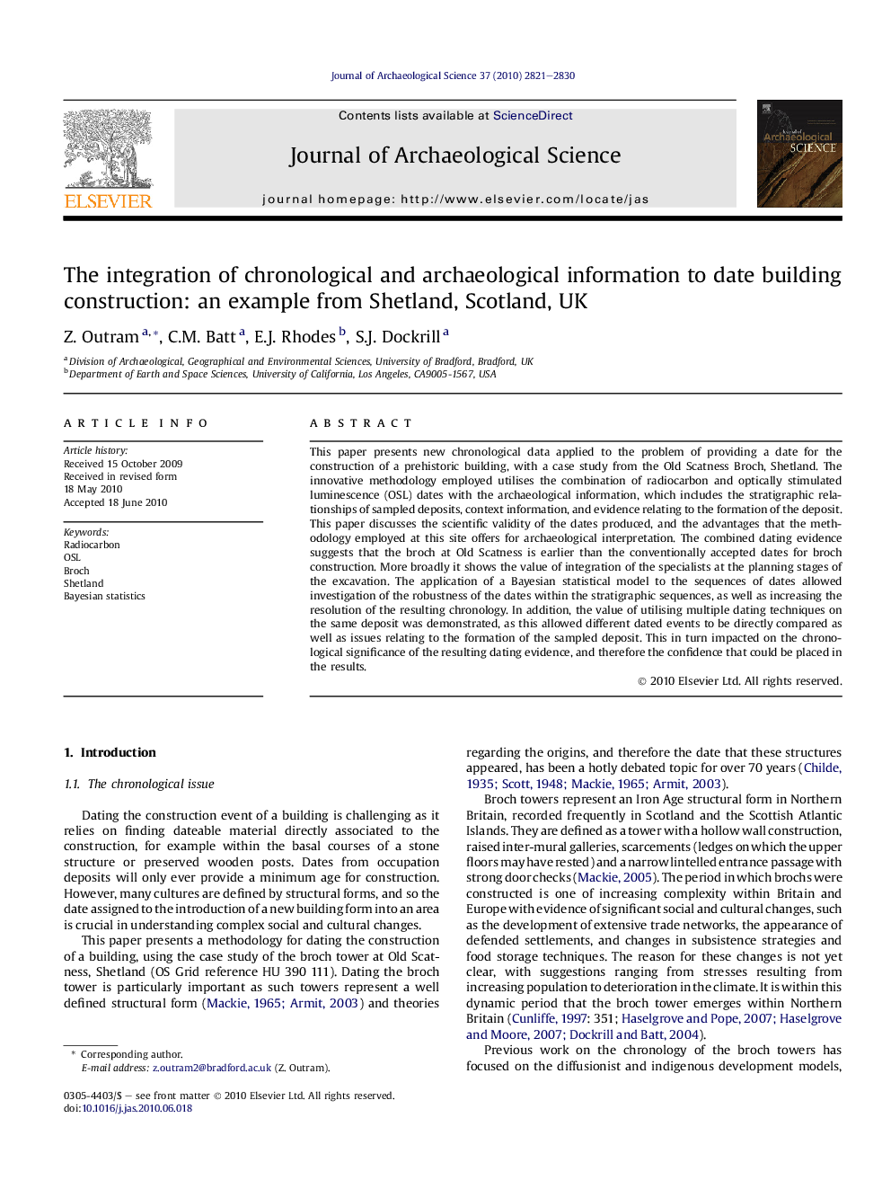 The integration of chronological and archaeological information to date building construction: an example from Shetland, Scotland, UK