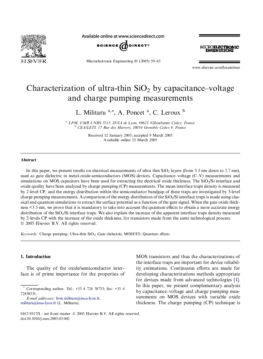 Characterization of ultra-thin SiO2 by capacitance-voltage and charge pumping measurements