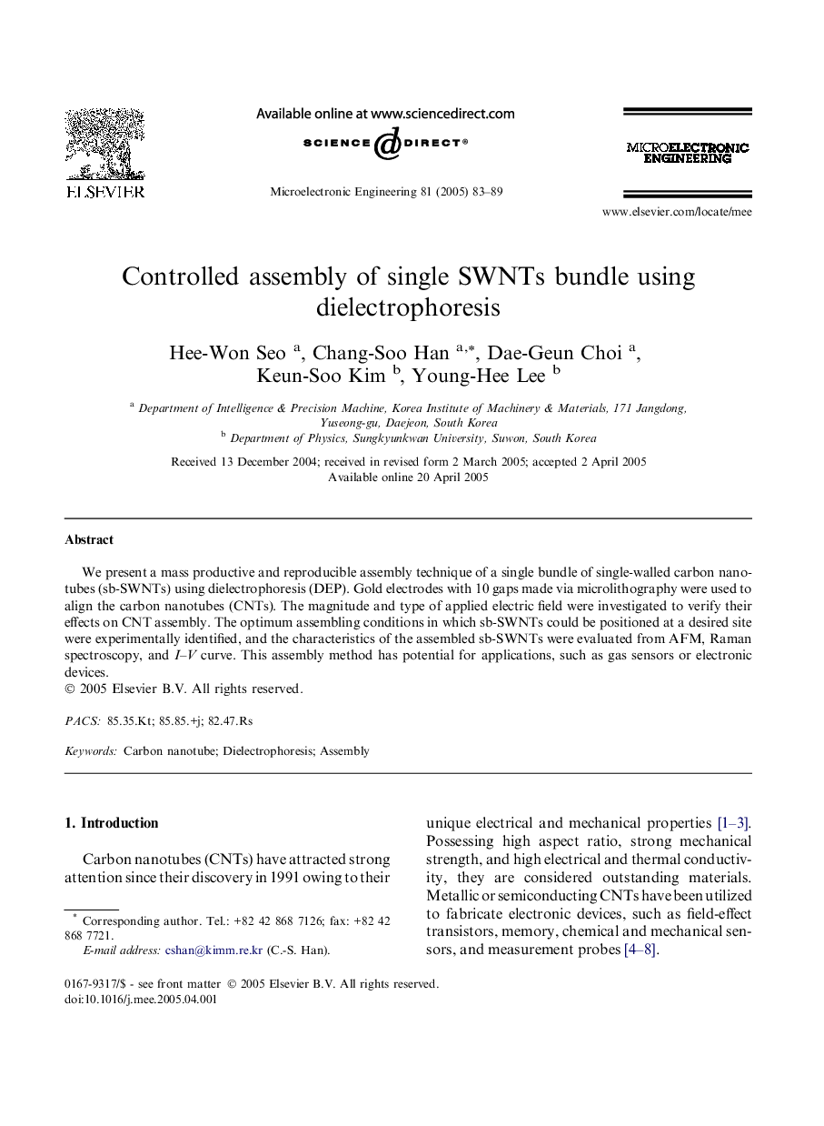 Controlled assembly of single SWNTs bundle using dielectrophoresis